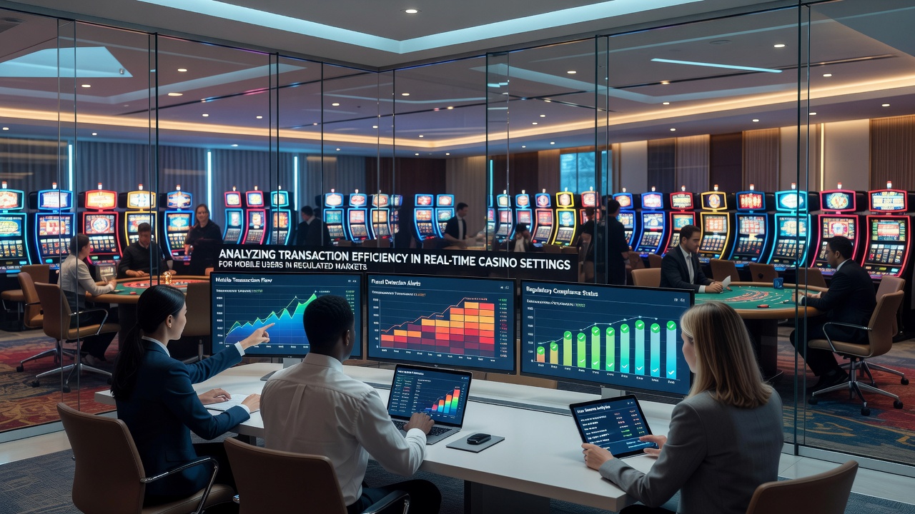 Real-time analytics dashboard tracking mobile casino transaction volumes and latency across multiple regulated markets
